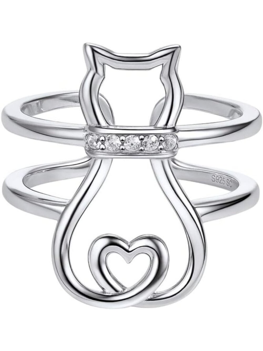 Adjustable 925 Sterling Silver Cat & Panda Band Ring for Women - Gold Plated